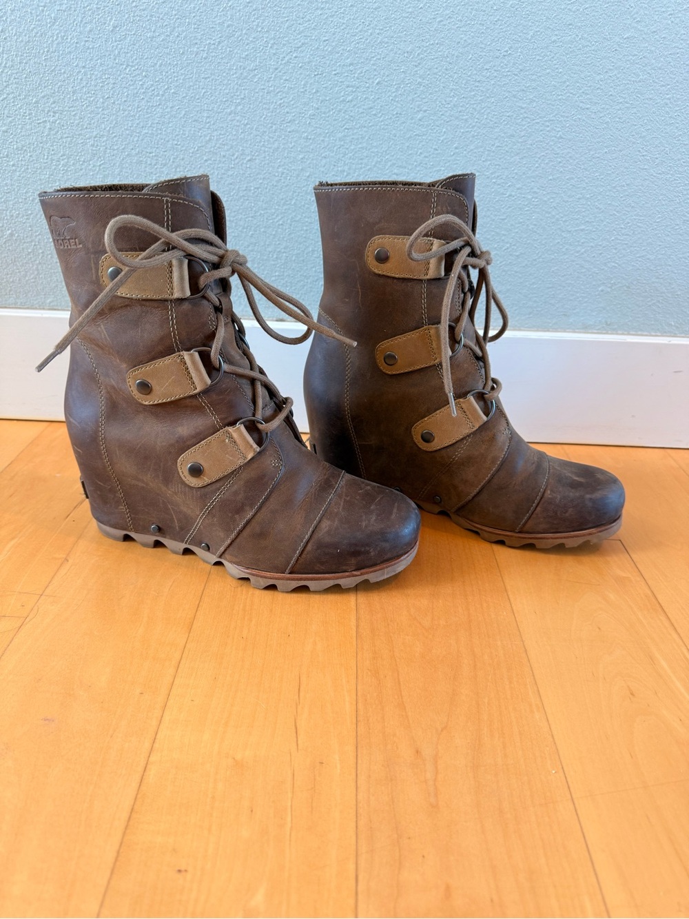 Sorel Brown Lace-Up Wedge Ankle Boots